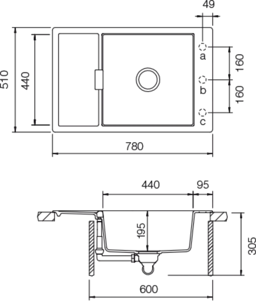 Schéma pro vestavbu dřezu MONO D-100XS 