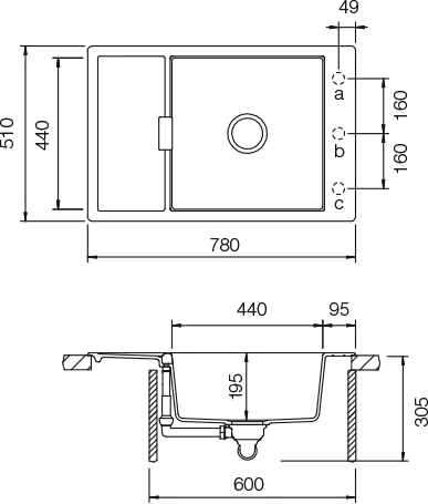 Schéma pro vestavbu dřezu MONO D-100XS Magma