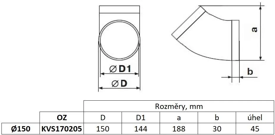 Obrázok Okrúhle koleno fi 150 mm, 45 °, biele