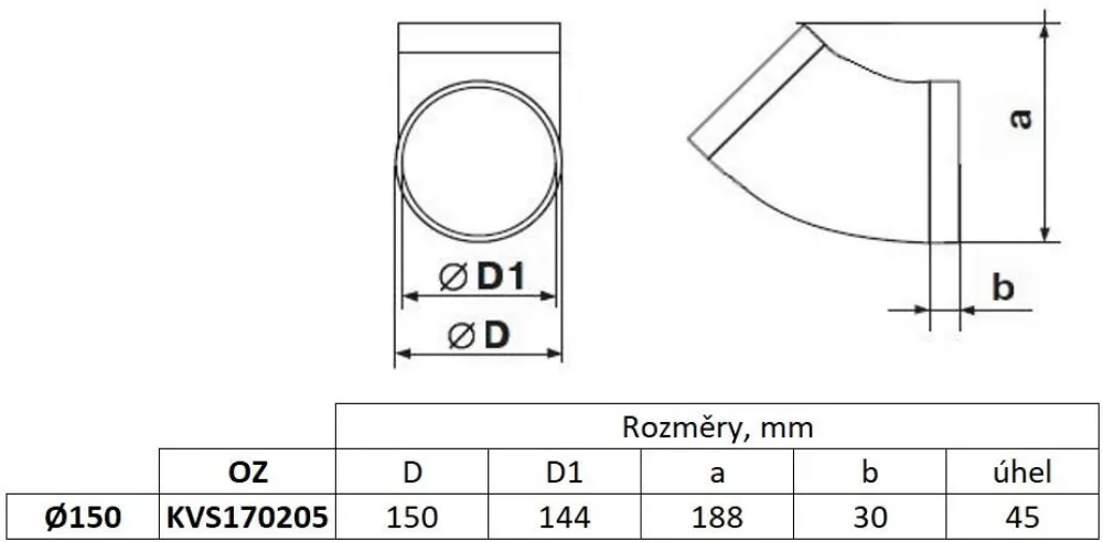 Obrázok Okrúhle koleno fi 150 mm, 45 °, biele