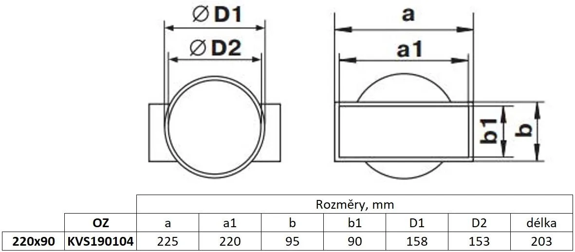 Obrázok Redukcia, prechod z hranatého potrubia na kruhové  220x90/150 mm