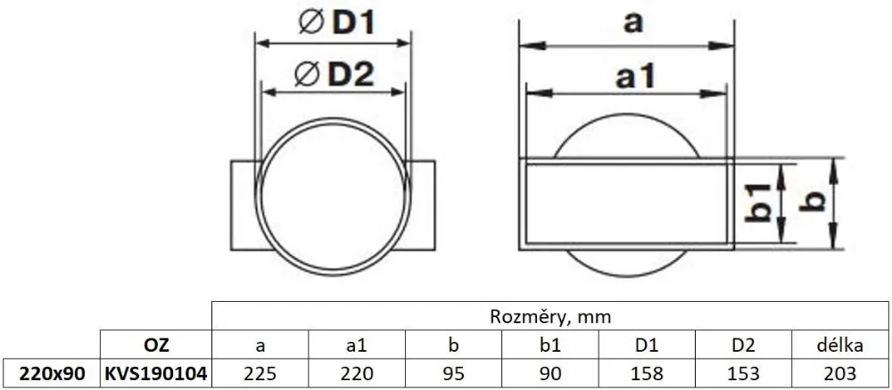 Obrázok Redukcia, prechod z hranatého potrubia na kruhové  220x90/150 mm